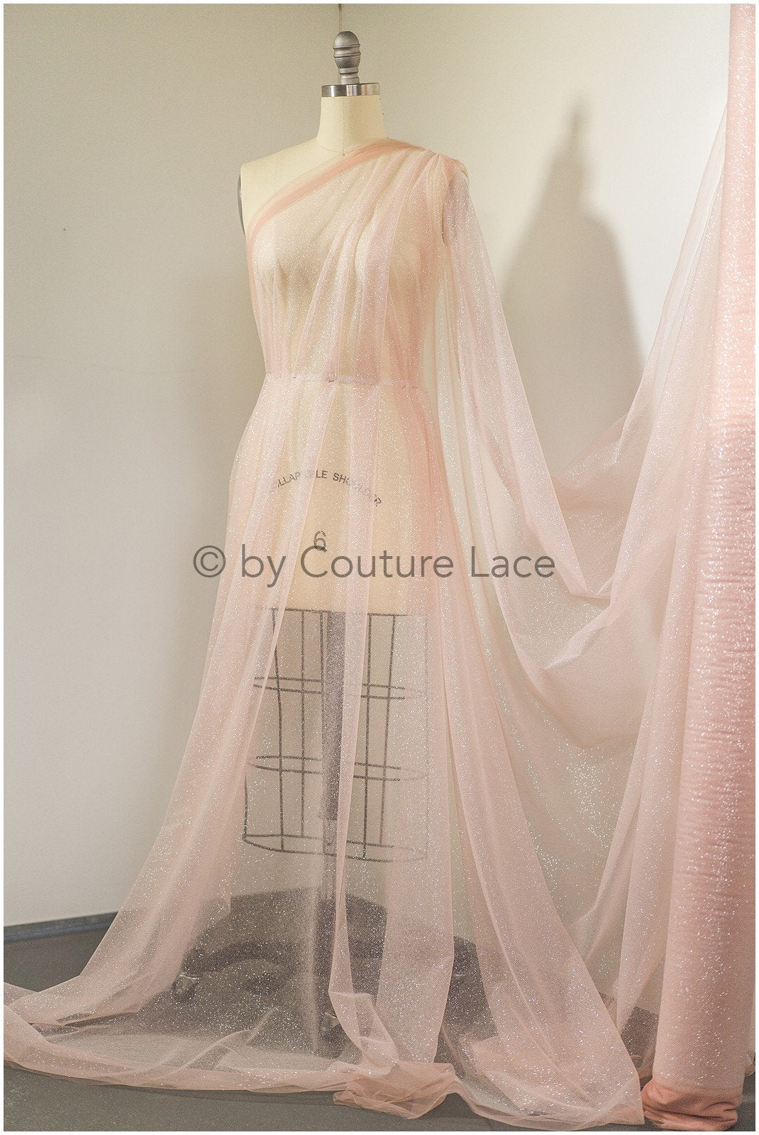 Blush peach glitter tulle fabric/ glitter tulle fabric/ peach fabric with glitter/ shiny bridal lace fabric// R-025