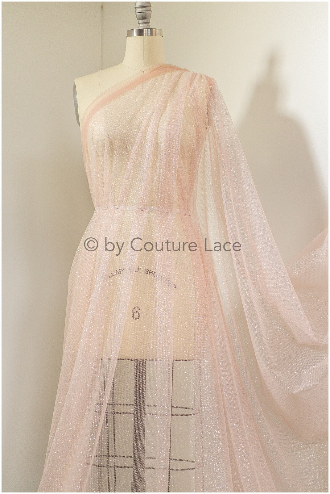Blush peach glitter tulle fabric/ glitter tulle fabric/ peach fabric with glitter/ shiny bridal lace fabric// R-025