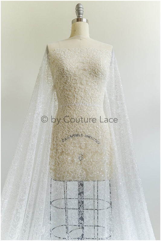 1.4yds/ 1.3 Meter - Funkelnde Perlen Spitze Off-White/ L19-300-REST-1.4yds