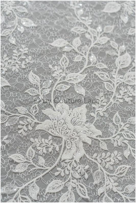 4 yds / 3,65 Meter Spitzenstoff Off-White/ französischer Spitzenstoff/ florale Spitzenstickerei/ Blütenspitze mit Pailletten// L19-016