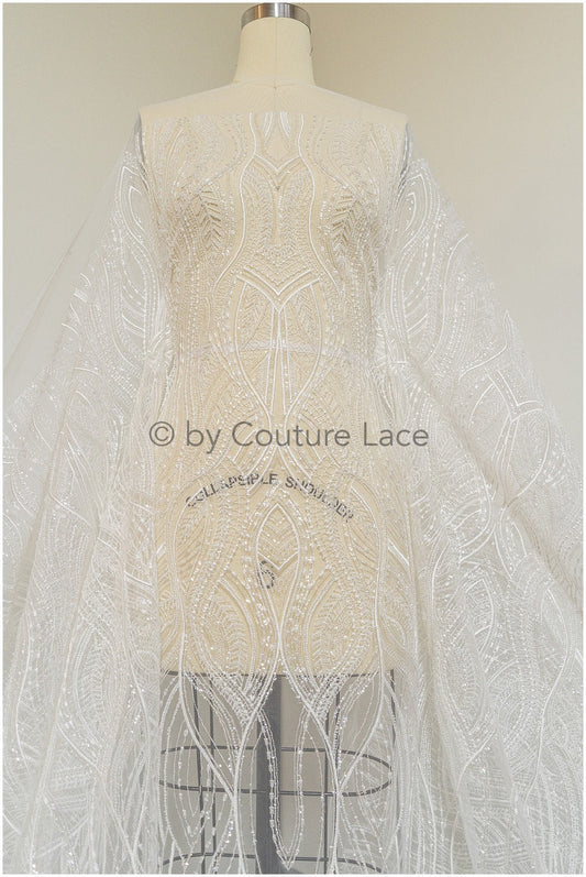 Perlen Braut Spitzenstoff Off-White/ Perlen Wellen Spitzenstoff/ Hochzeitskleid Spitze mit Perlen & Pailletten/ Brautspitzenstoff// L19-021