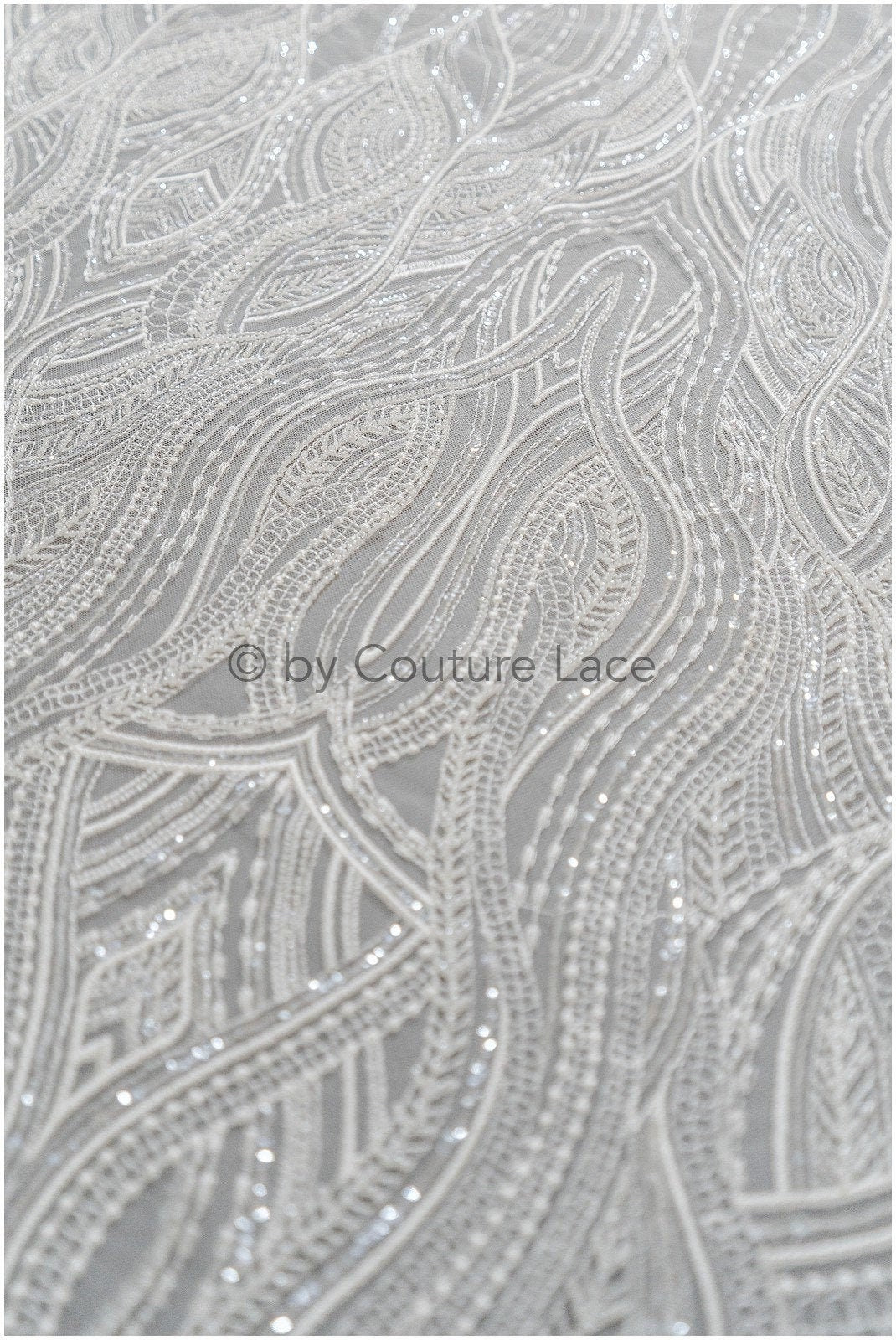 Perlen Braut Spitzenstoff Off-White/ Perlen Wellen Spitzenstoff/ Hochzeitskleid Spitze mit Perlen & Pailletten/ Brautspitzenstoff// L19-021