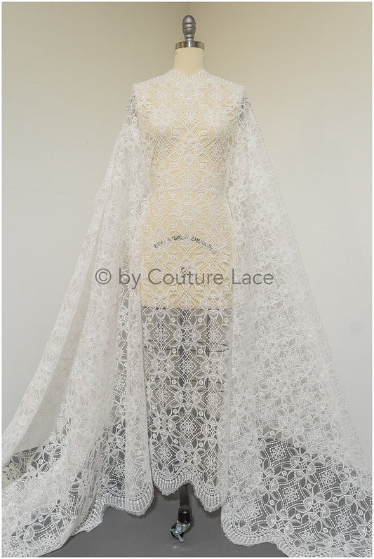 Tela de encaje Art Déco en color marfil / Tela de encaje para bodas / Encaje para vestido de novia boho / Encaje geométrico para vestido de novia / L19-314