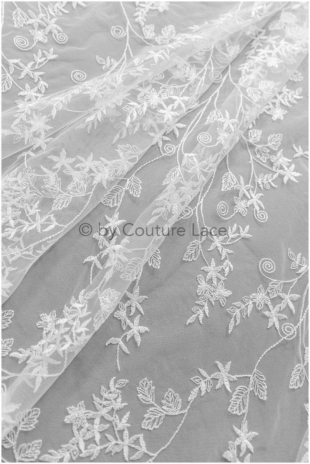 Soft embroidered bridal lace fabric/ floral lace off-white/ wedding dress lace/ floral lace// L19-003NS