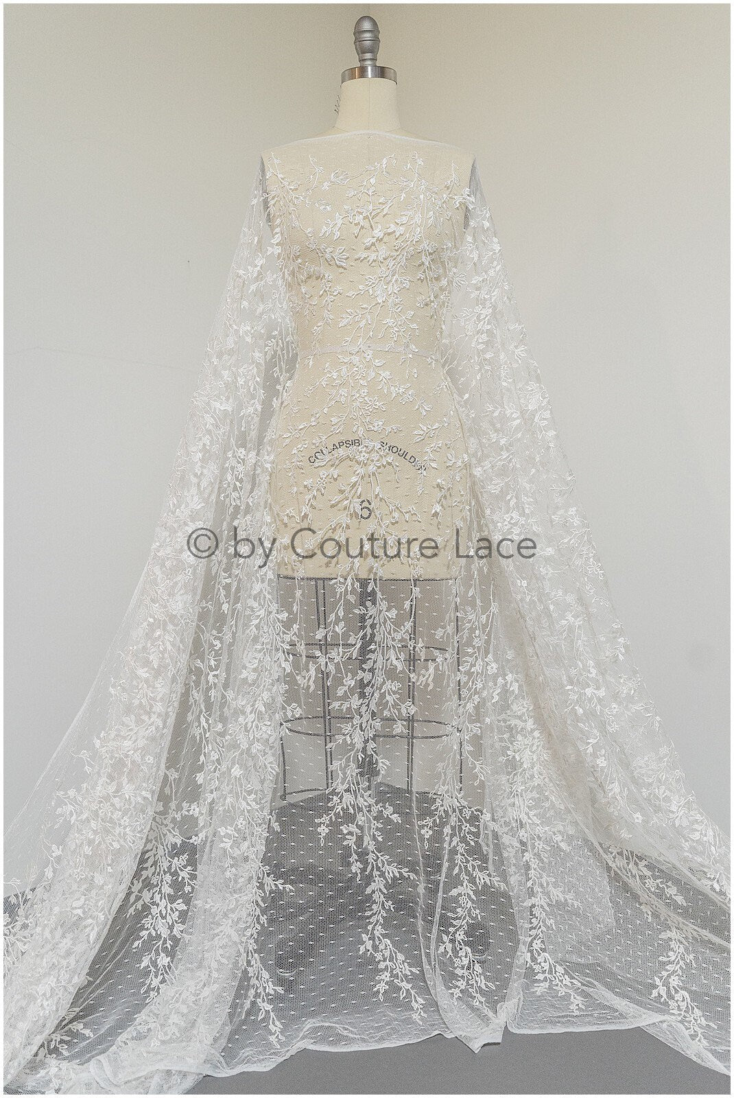 French lace off-white/ embroidered lace fabric on dot tulle/ lace with dots/ polka dot lace fabric// L19-321