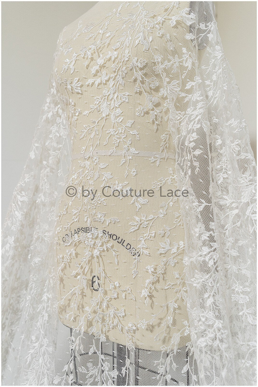 French lace off-white/ embroidered lace fabric on dot tulle/ lace with dots/ polka dot lace fabric// L19-321