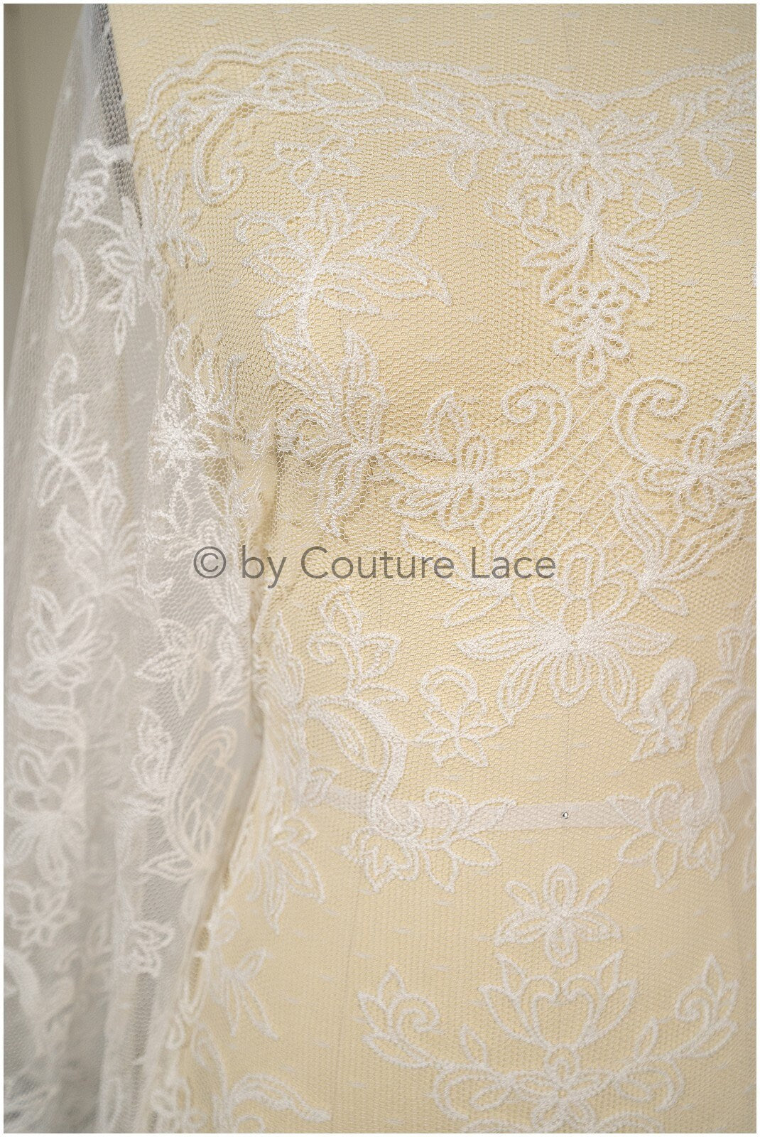 French lace fabric on dot tulle/ lace fabric off-white/ floral lace with dots/ polka dot lace fabric/ bridal lace// L20-328
