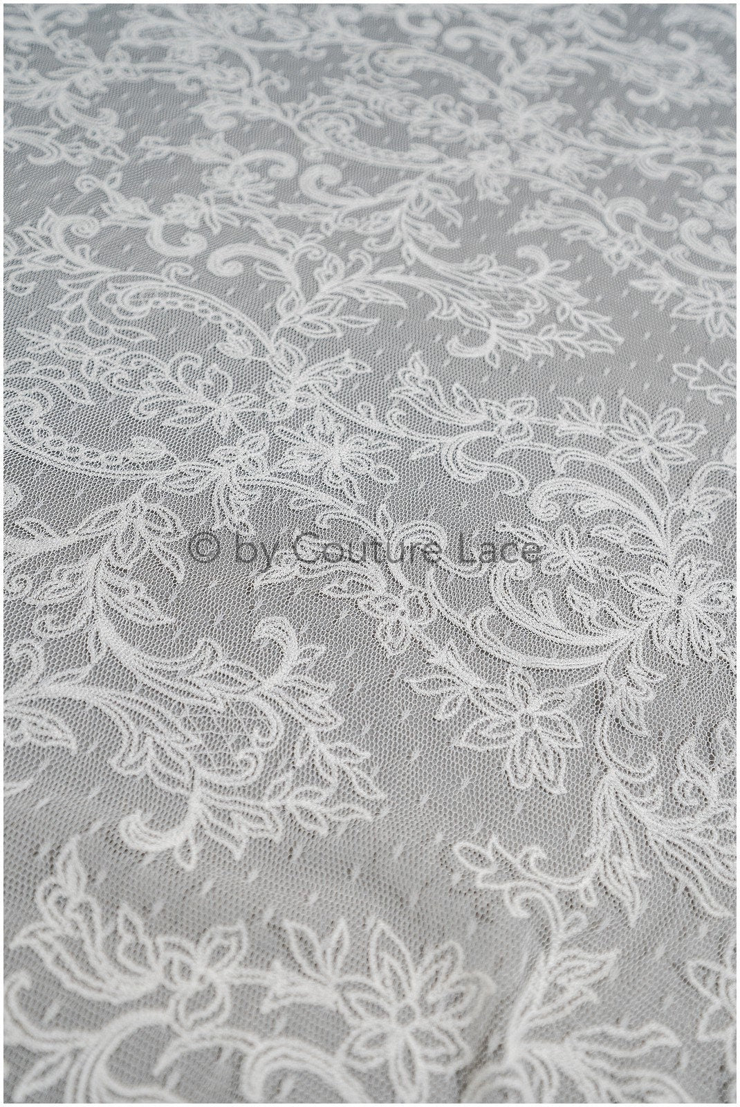 French lace fabric on dot tulle/ lace fabric off-white/ floral lace with dots/ polka dot lace fabric/ bridal lace// L20-328
