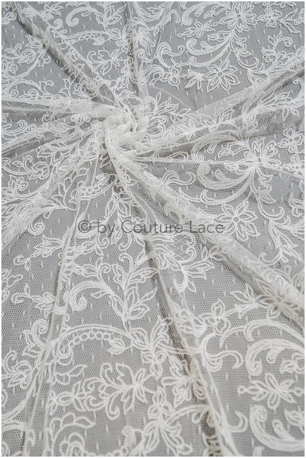 French lace fabric on dot tulle/ lace fabric off-white/ floral lace with dots/ polka dot lace fabric/ bridal lace// L20-328
