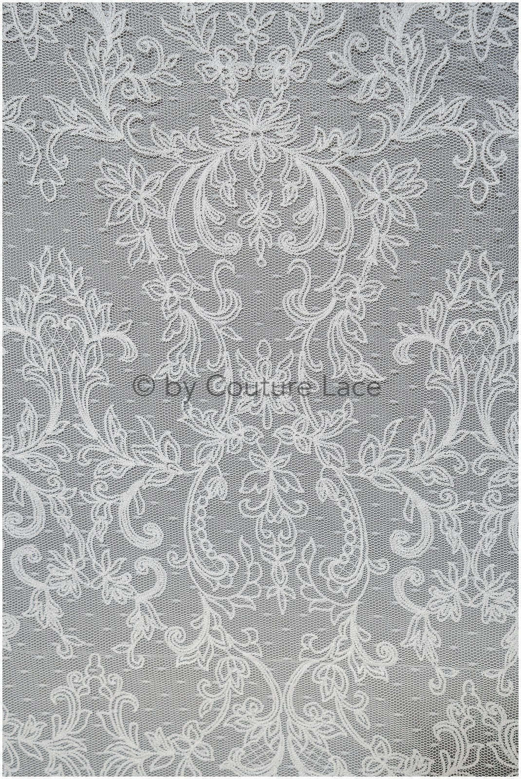 French lace fabric on dot tulle/ lace fabric off-white/ floral lace with dots/ polka dot lace fabric/ bridal lace// L20-328