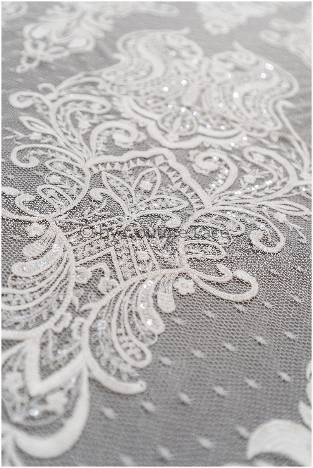 French lace fabric on dot tulle/ lace fabric/ floral lace with dots/ polka dot lace fabric/ bridal lace// L19-320