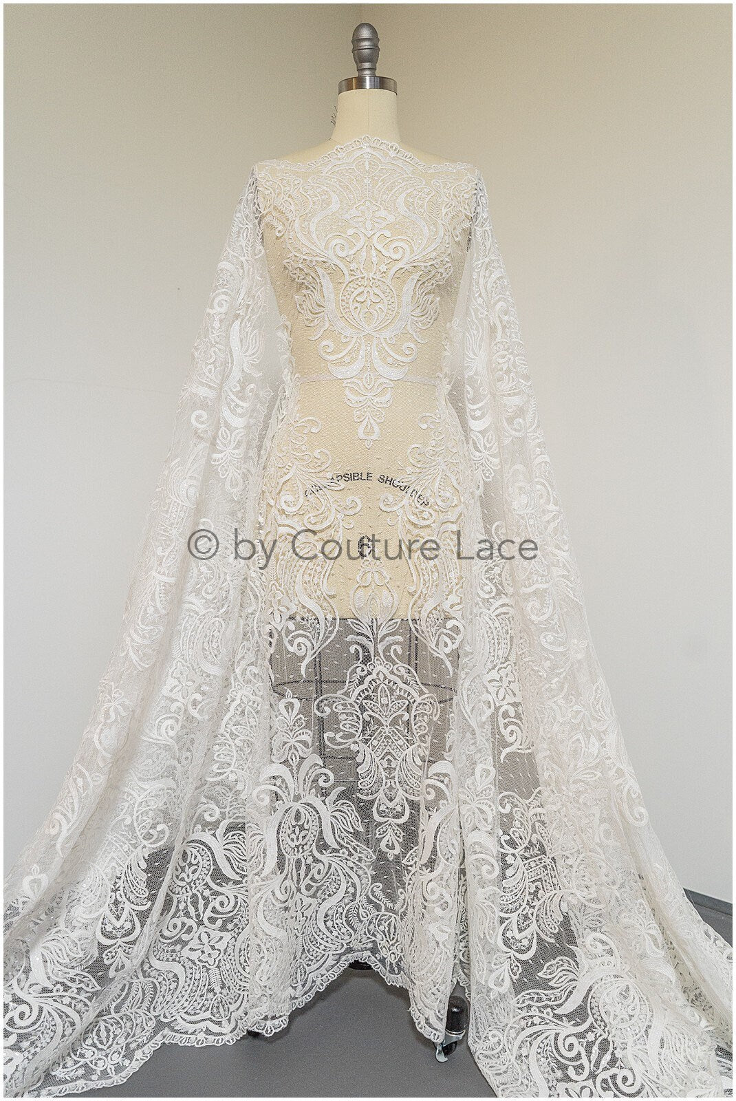 French lace fabric on dot tulle/ lace fabric/ floral lace with dots/ polka dot lace fabric/ bridal lace// L19-320