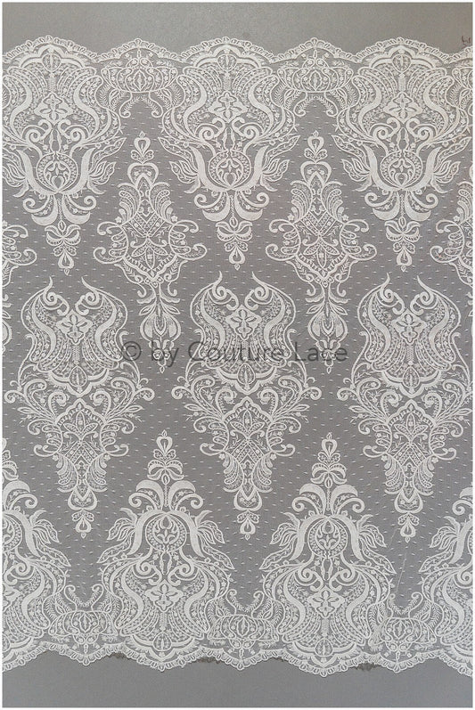 Tela de encaje francés sobre tul con puntos / Tela de encaje / Encaje floral con puntos / Tela de encaje tipo polka dot / Encaje nupcial / L19-320