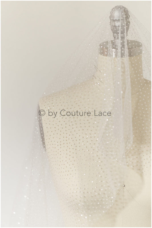 3m breit - Off-White Diamond Glitzer Tüll Stoff/ Glitzerschleier/ Glitzer Mesh/ Polka Dot Glitzerstoff/ glänzender Braut Spitzenstoff// R-027