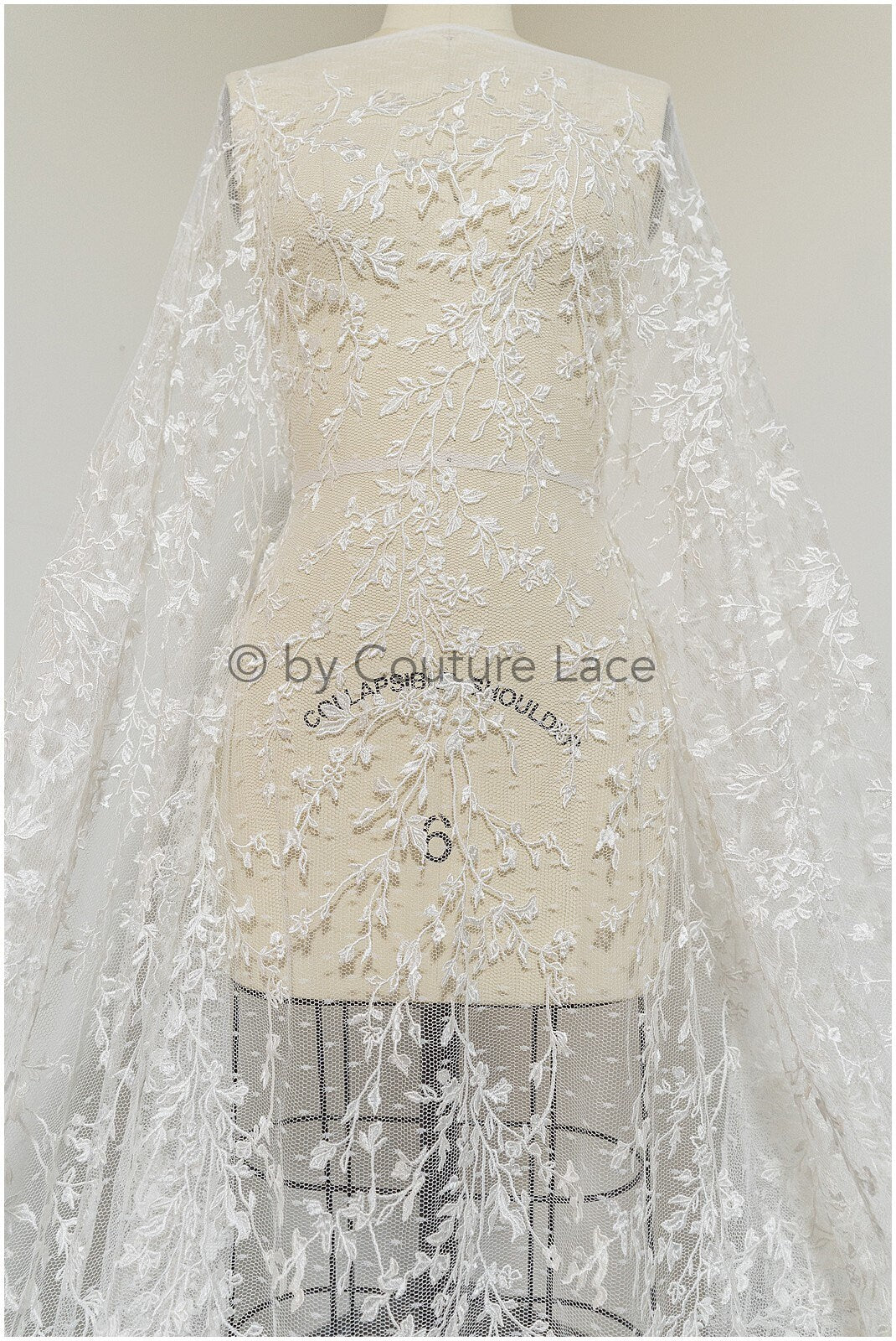 French lace off-white/ embroidered lace fabric on dot tulle/ lace with dots/ polka dot lace fabric// L19-321