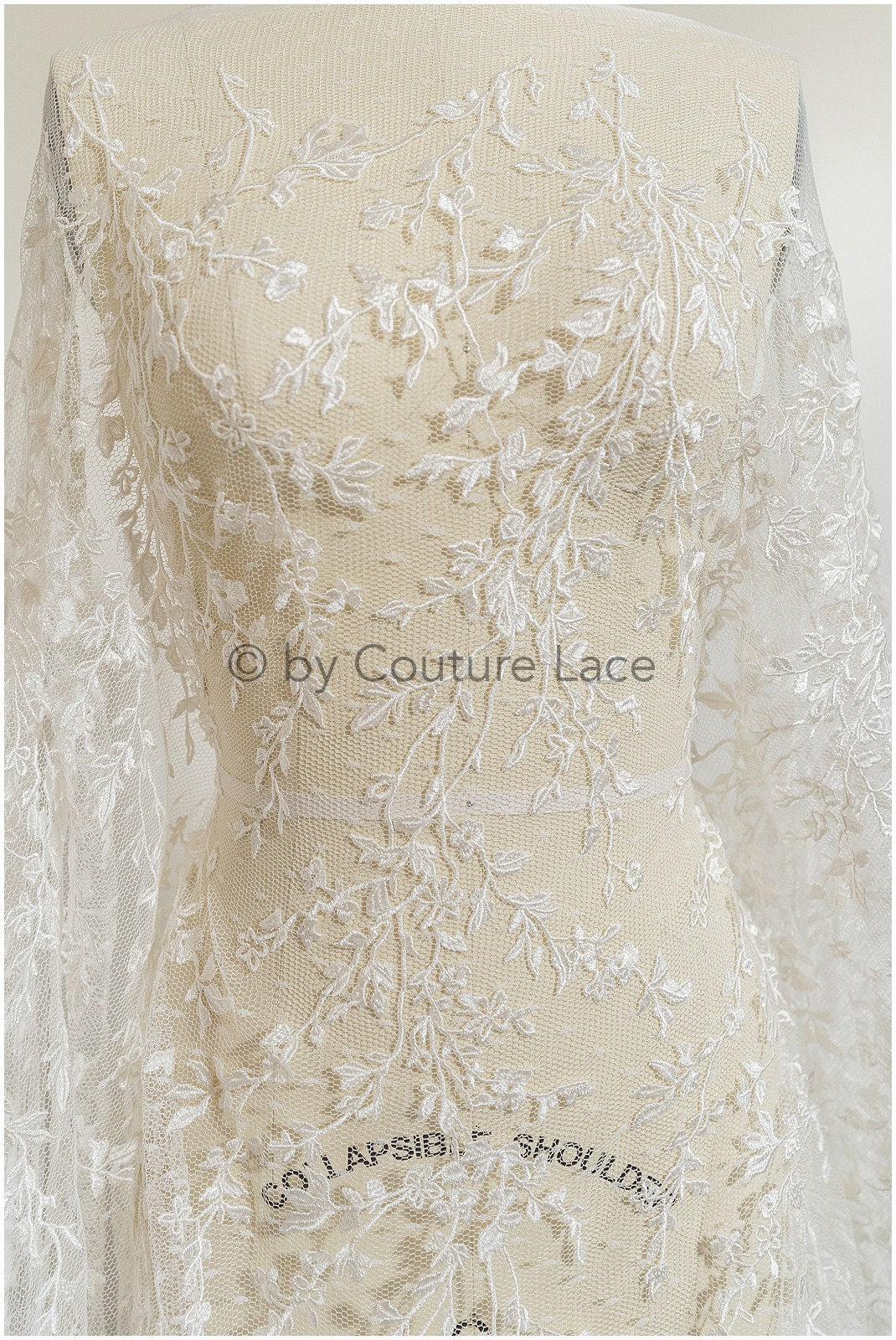 French lace off-white/ embroidered lace fabric on dot tulle/ lace with dots/ polka dot lace fabric// L19-321
