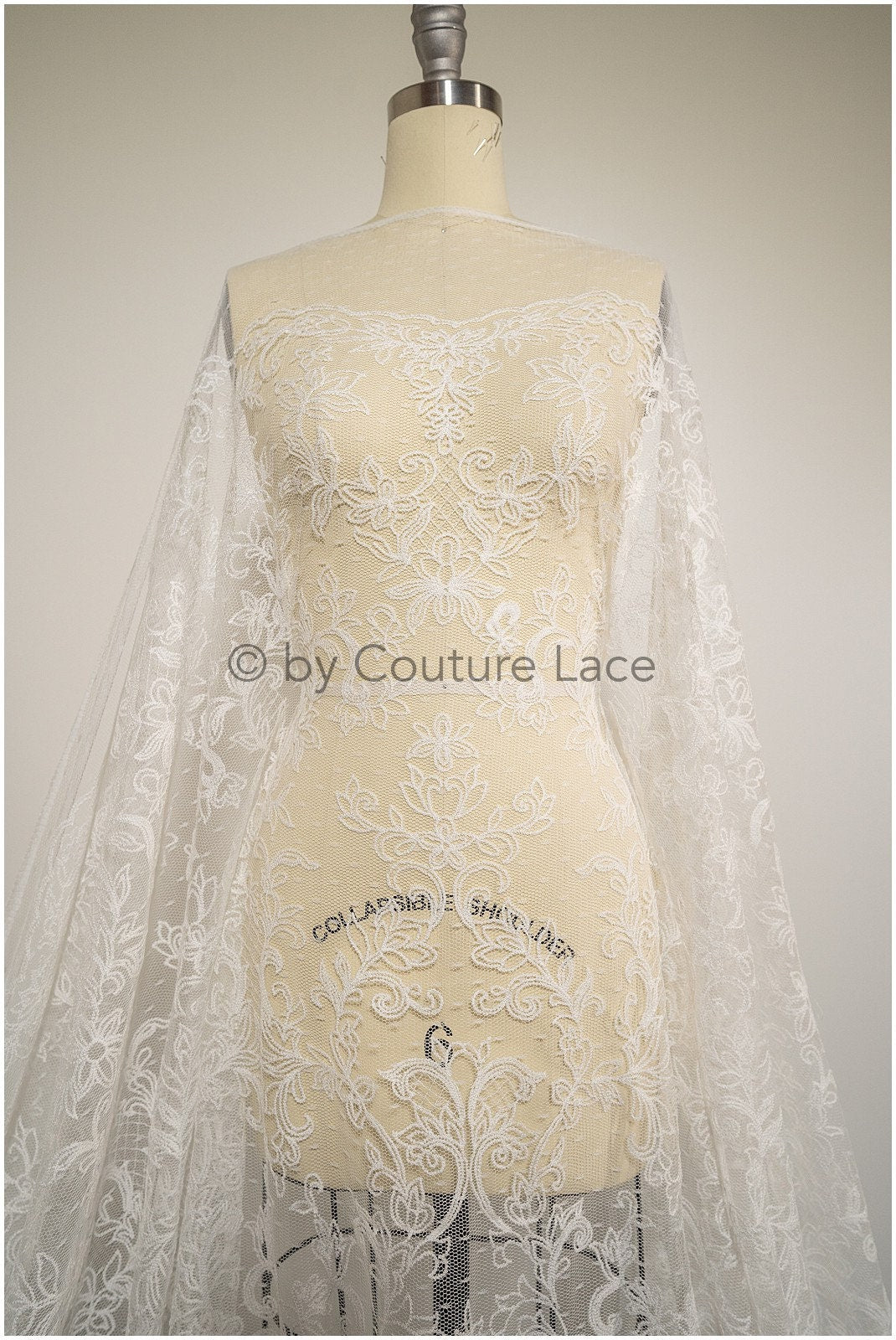 French lace fabric on dot tulle/ lace fabric off-white/ floral lace with dots/ polka dot lace fabric/ bridal lace// L20-328
