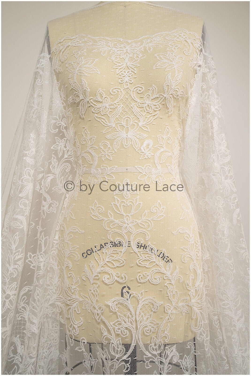 French lace fabric on dot tulle/ lace fabric off-white/ floral lace with dots/ polka dot lace fabric/ bridal lace// L20-328