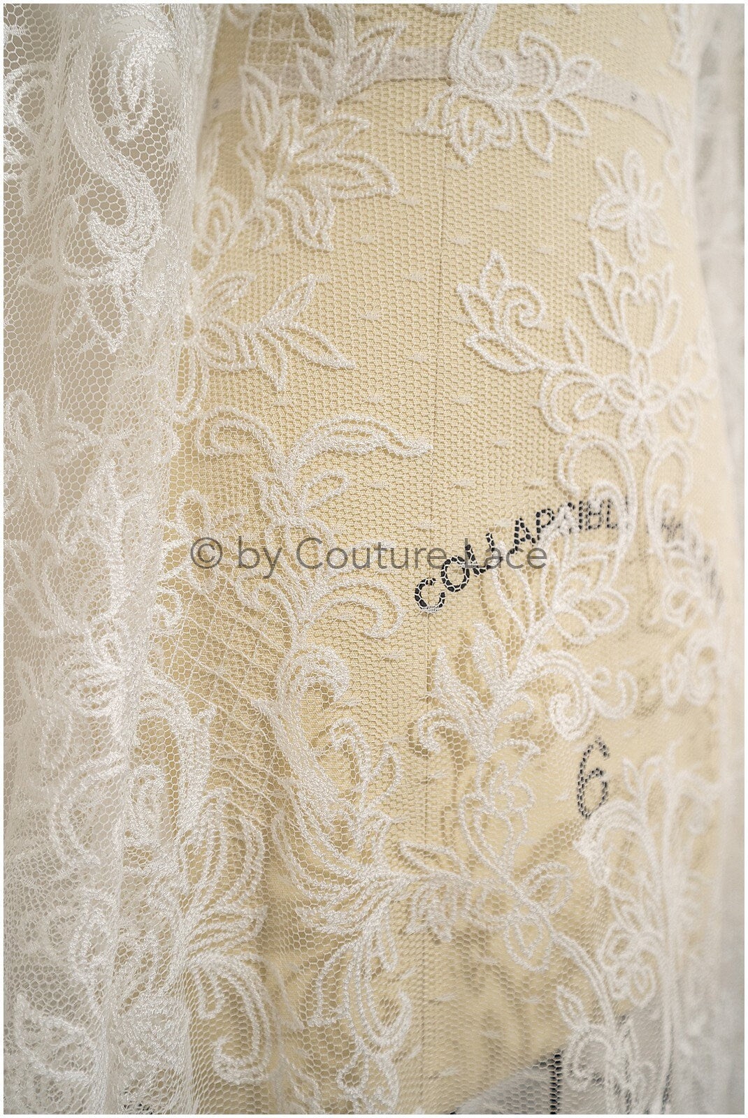 French lace fabric on dot tulle/ lace fabric off-white/ floral lace with dots/ polka dot lace fabric/ bridal lace// L20-328