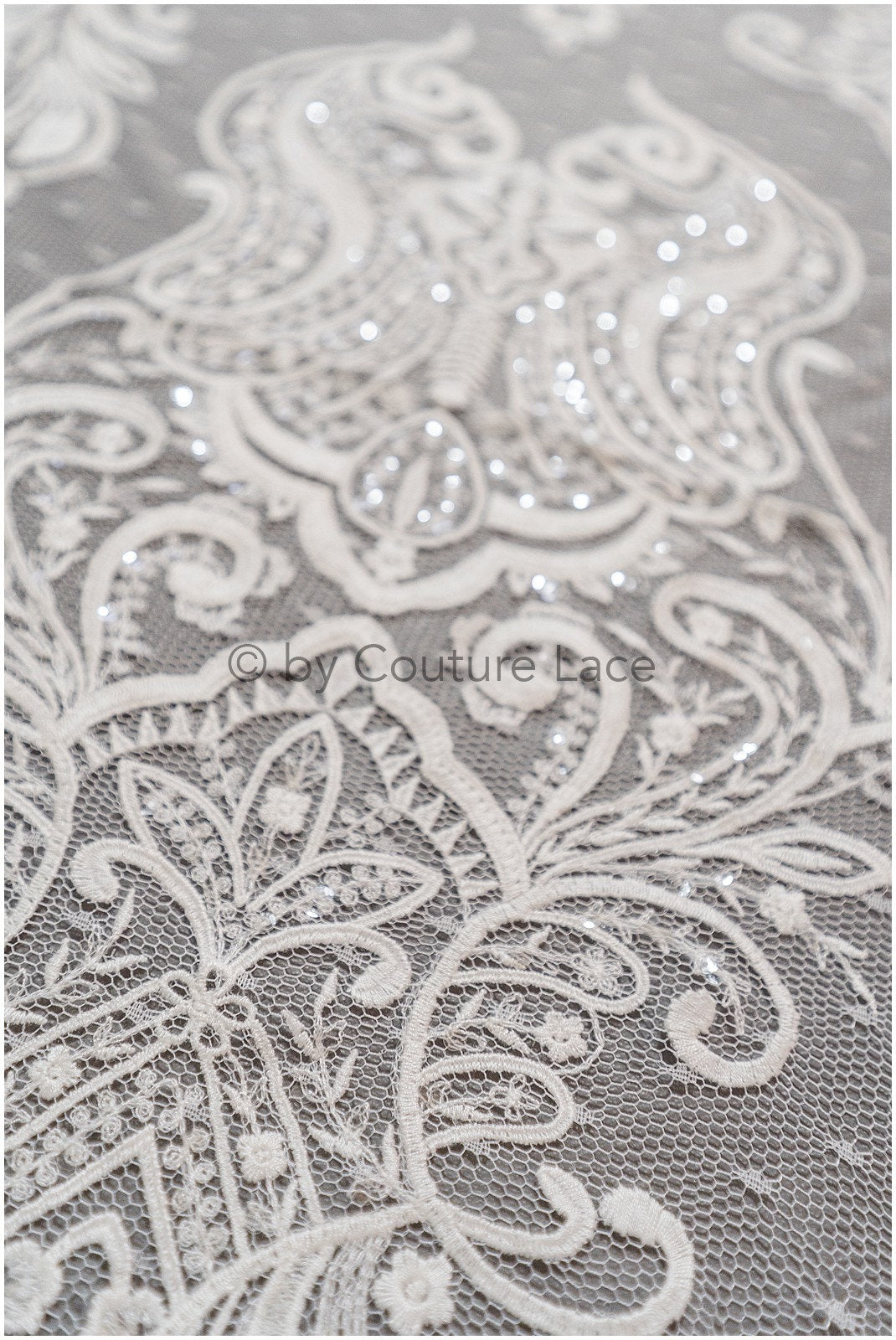 French lace fabric on dot tulle/ lace fabric/ floral lace with dots/ polka dot lace fabric/ bridal lace// L19-320
