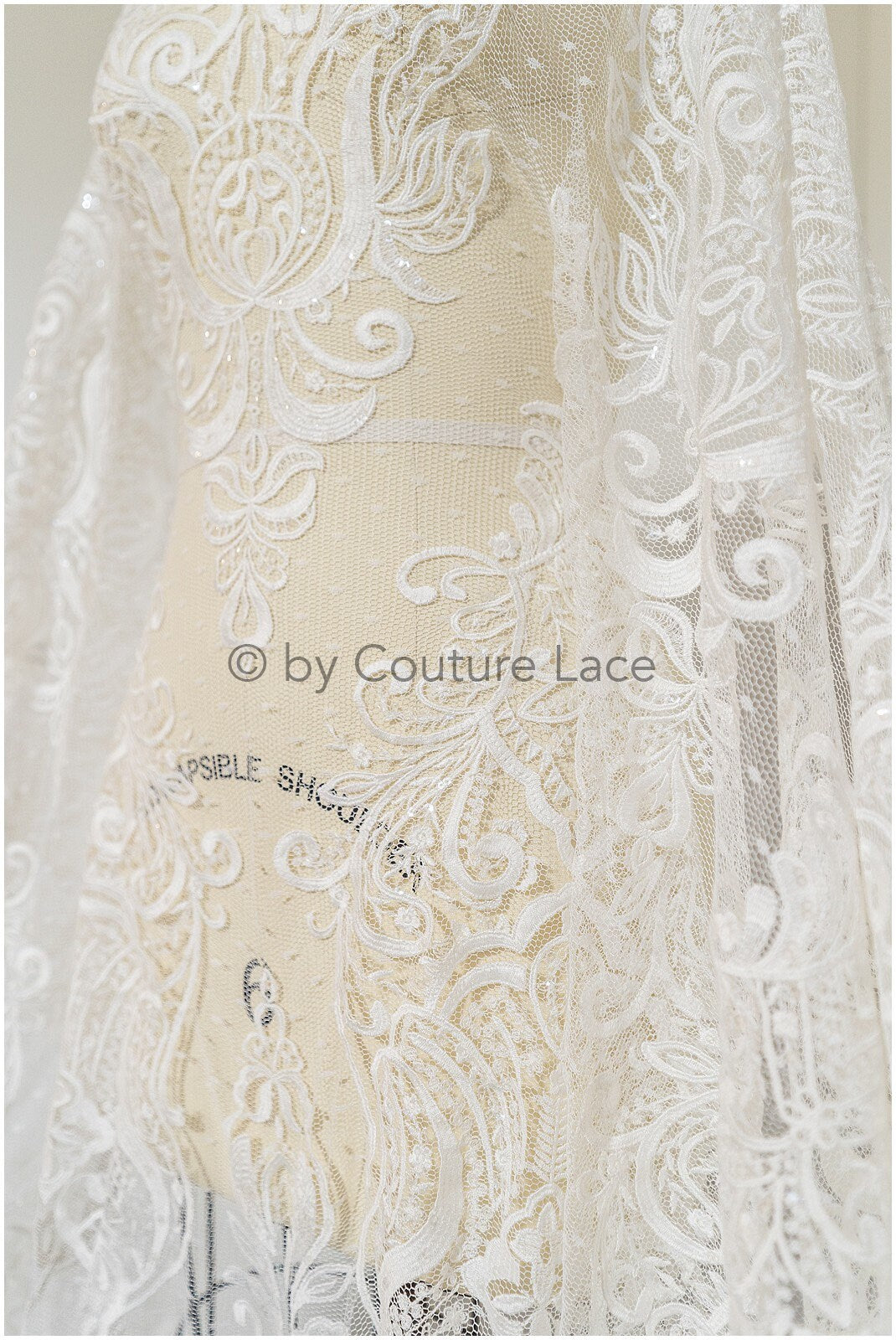French lace fabric on dot tulle/ lace fabric/ floral lace with dots/ polka dot lace fabric/ bridal lace// L19-320