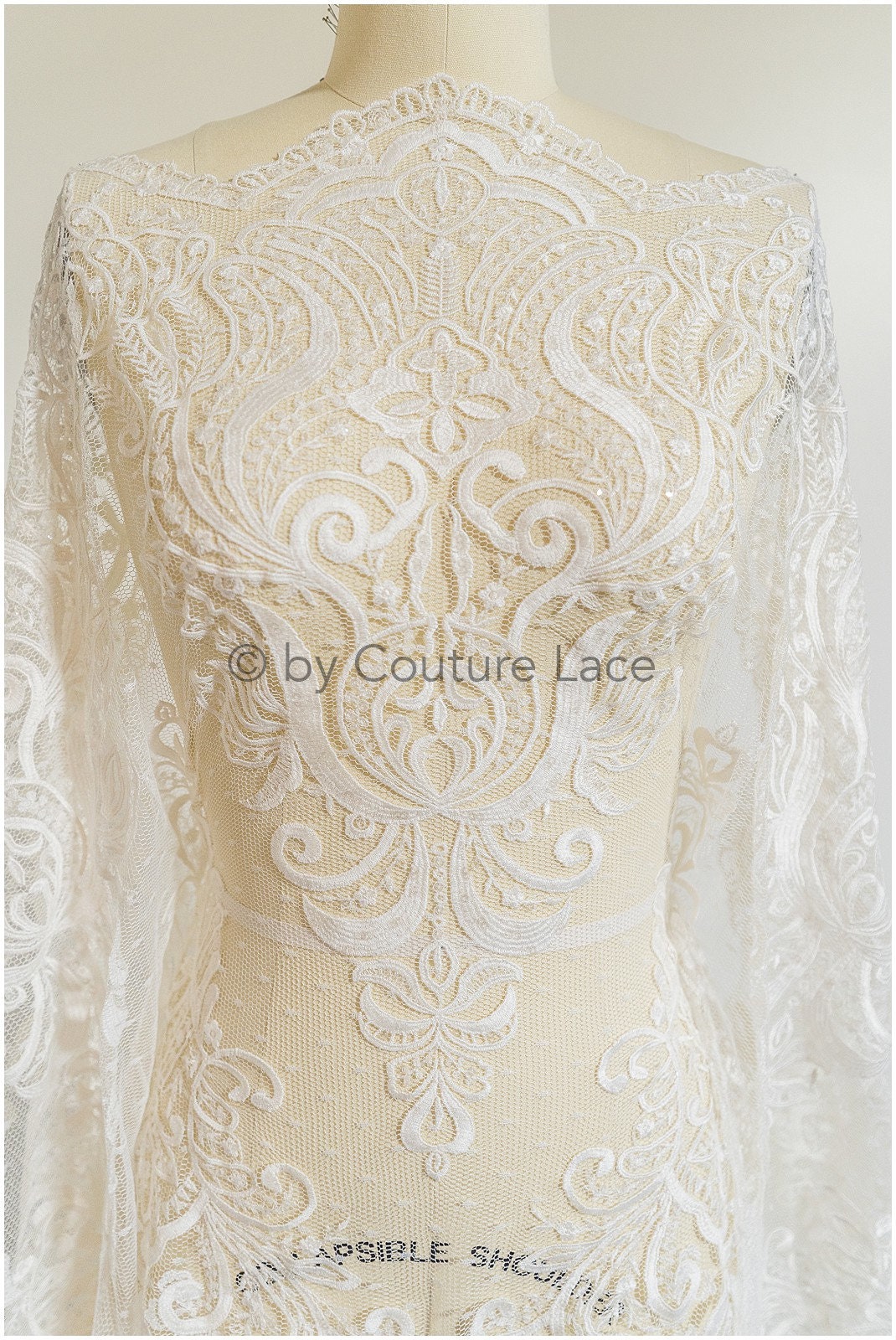 French lace fabric on dot tulle/ lace fabric/ floral lace with dots/ polka dot lace fabric/ bridal lace// L19-320