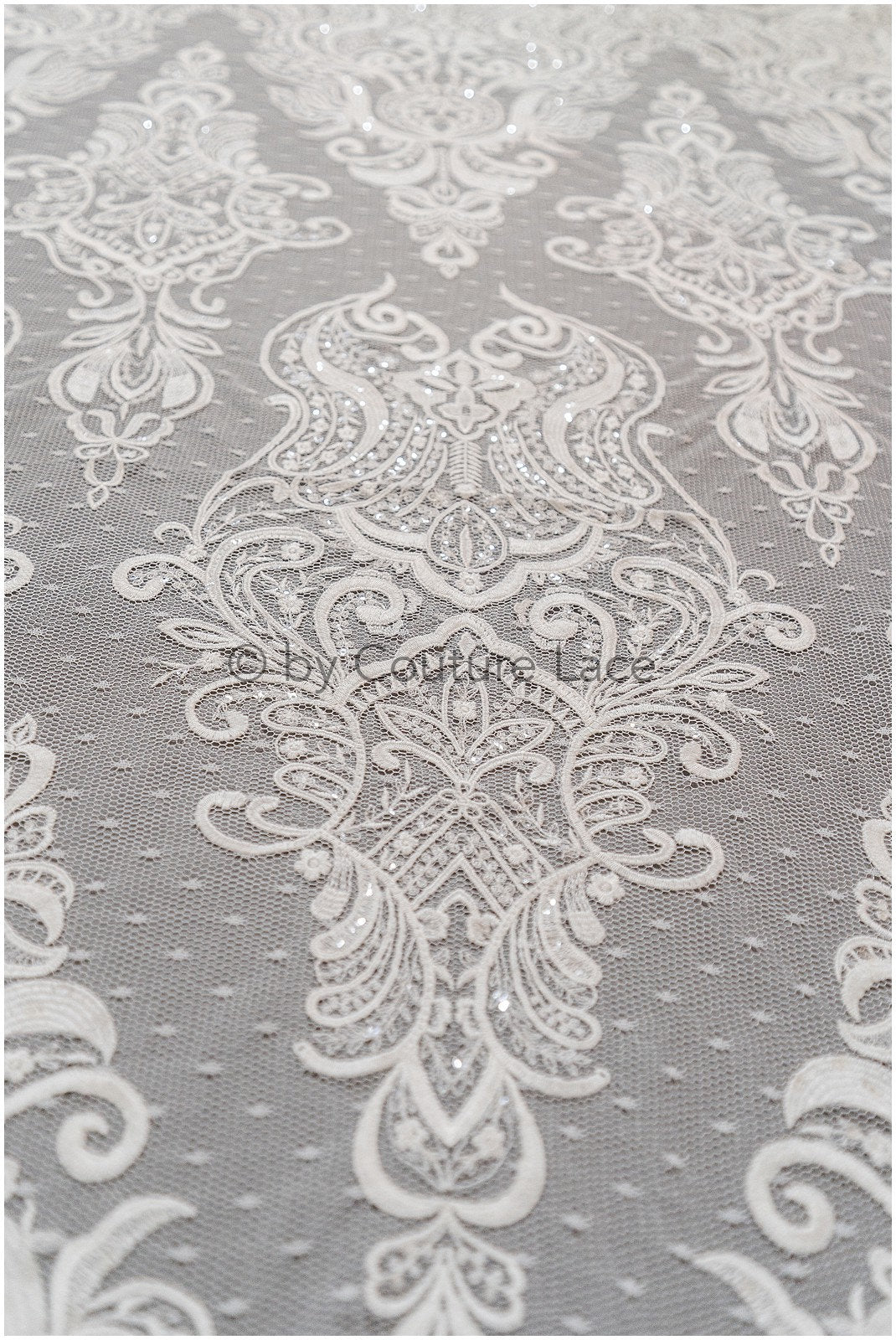 French lace fabric on dot tulle/ lace fabric/ floral lace with dots/ polka dot lace fabric/ bridal lace// L19-320