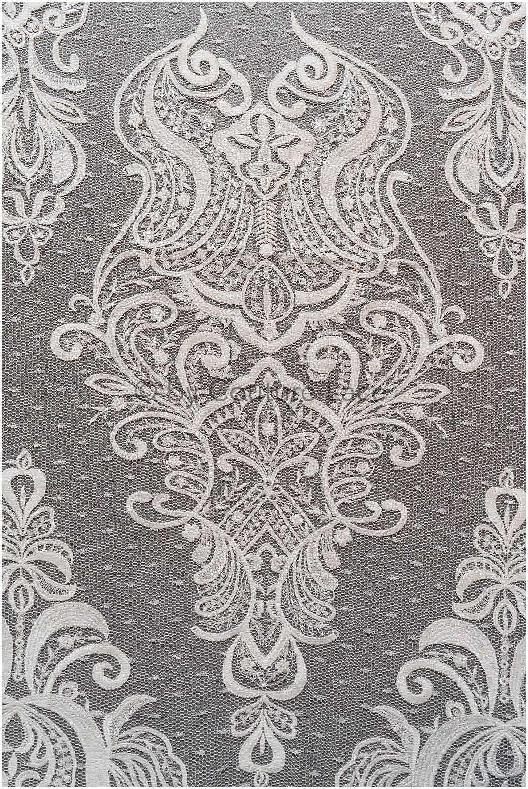 French lace fabric on dot tulle/ lace fabric/ floral lace with dots/ polka dot lace fabric/ bridal lace// L19-320