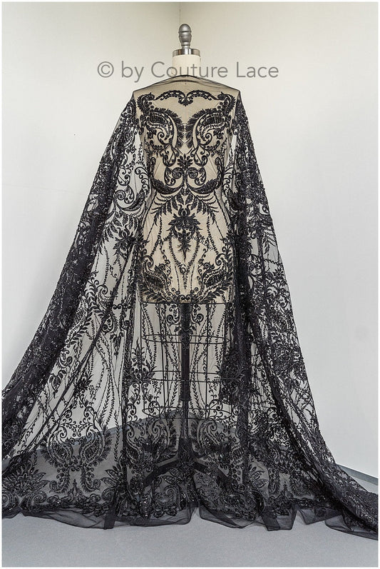 Perlen schwarzer Spitzenstoff/ Couture Spitzenstoff/ Hand Perlen Spitzenstoff/ Perlen Perlen Spitze// L19-241