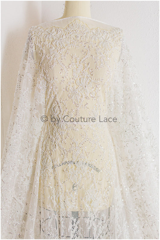 2,5 mètres Français dentelle perlée blanc cassé/ dentelle Chantilly/ tissu de dentelle nuptiale avec perles/ dentelle nuptiale// CB_005