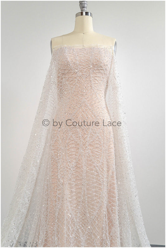 Perlen Spitzenstoff Off-White/ Couture Spitze Stoff/ Brautspitze Stoff mit Perlen/ Perlenspitze// L20-038