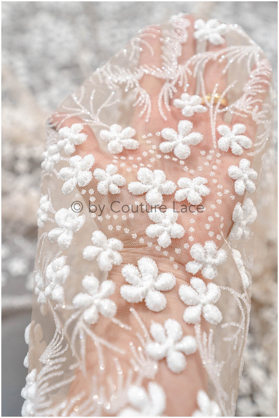 Glitter tulle fabric/ off-white glitter tulle/ floral glitter fabric/ shiny glitter lace/ Pronovias glitter lace// R-029