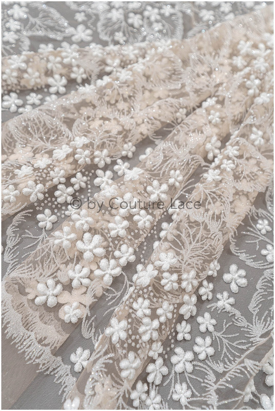 Glitter tulle fabric/ off-white glitter tulle/ floral glitter fabric/ shiny glitter lace/ Pronovias glitter lace// R-029
