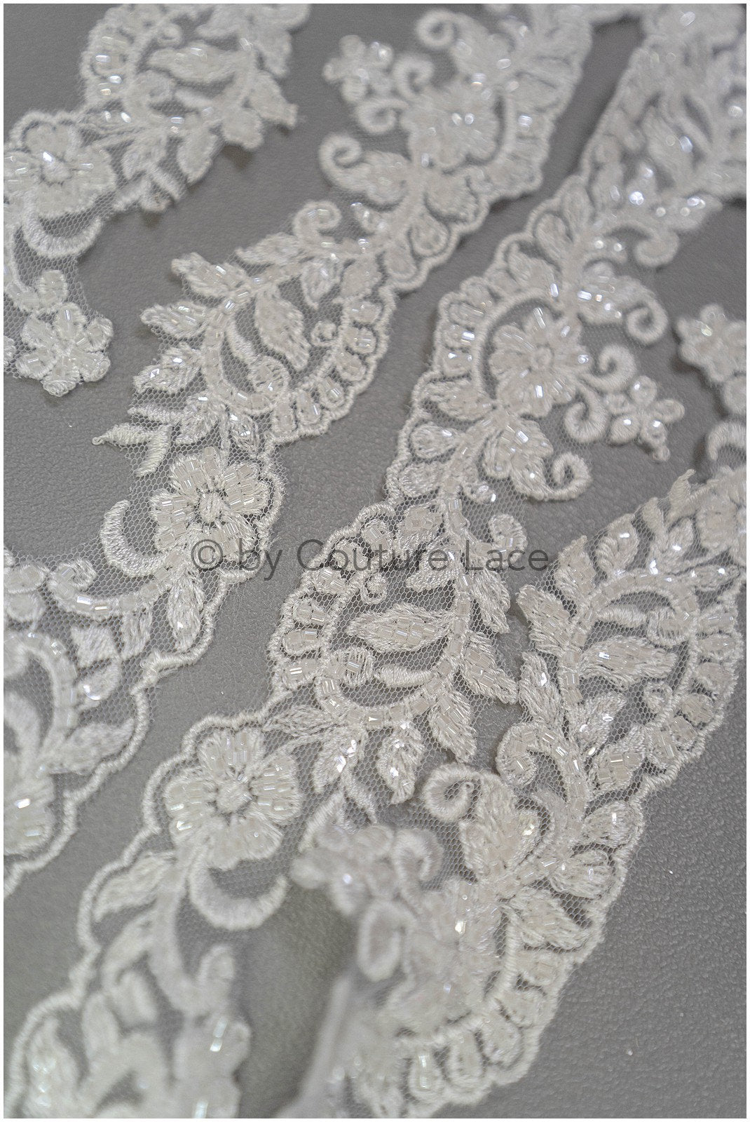 Off-white lace trim with pearls/ pearl embroidered lace trim/ glitter rhinestone trim/ bridal veil lace trim// T20-090