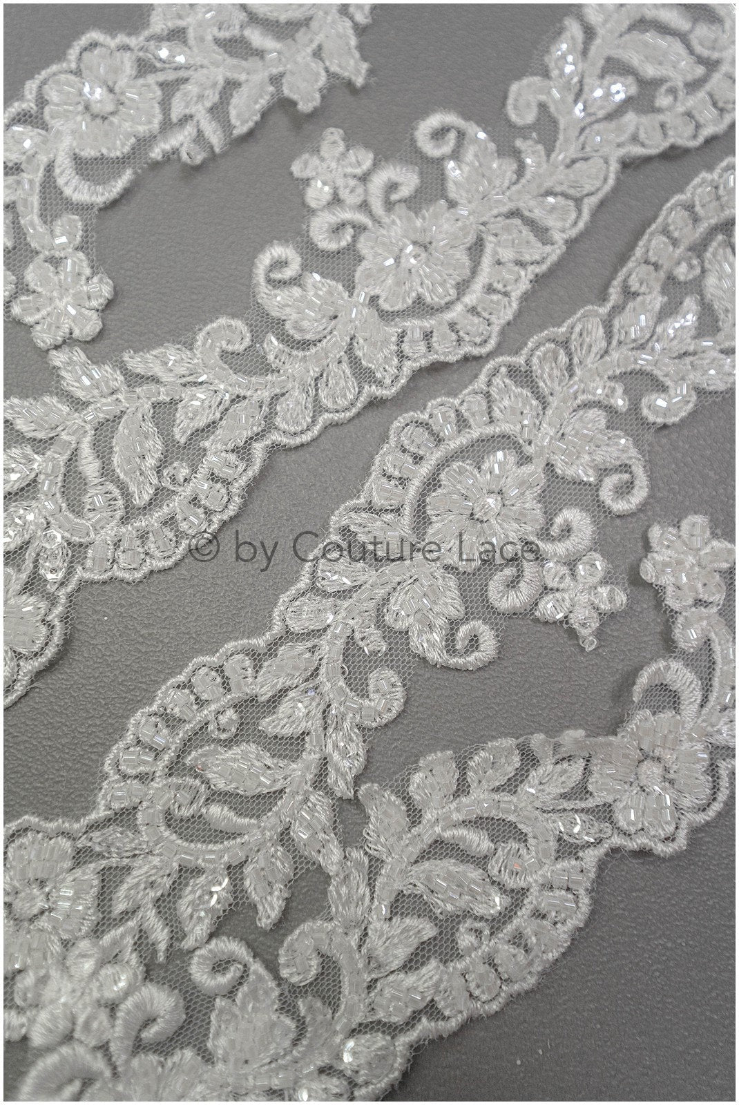 Off-white lace trim with pearls/ pearl embroidered lace trim/ glitter rhinestone trim/ bridal veil lace trim// T20-090