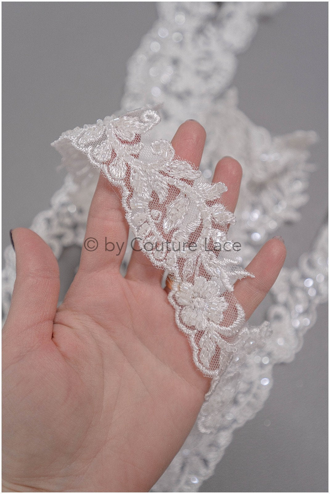 Off-white lace trim with pearls/ pearl embroidered lace trim/ glitter rhinestone trim/ bridal veil lace trim// T20-090