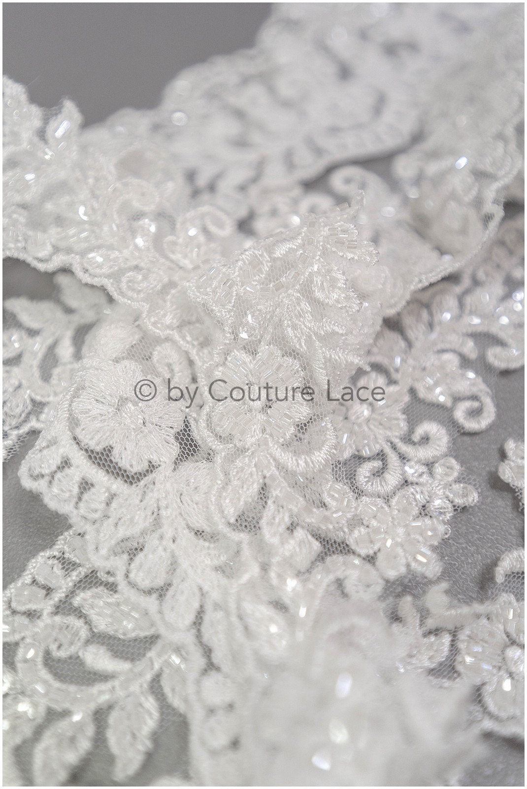 Off-white lace trim with pearls/ pearl embroidered lace trim/ glitter rhinestone trim/ bridal veil lace trim// T20-090