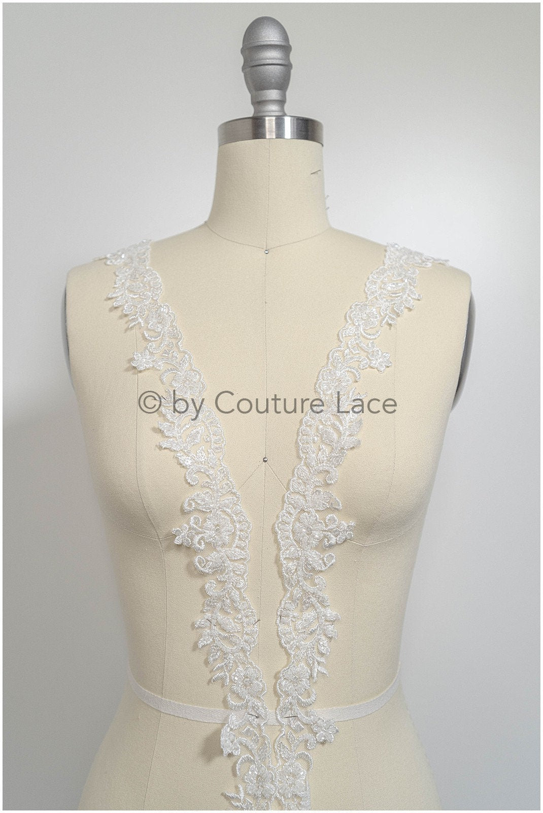 Off-white lace trim with pearls/ pearl embroidered lace trim/ glitter rhinestone trim/ bridal veil lace trim// T20-090