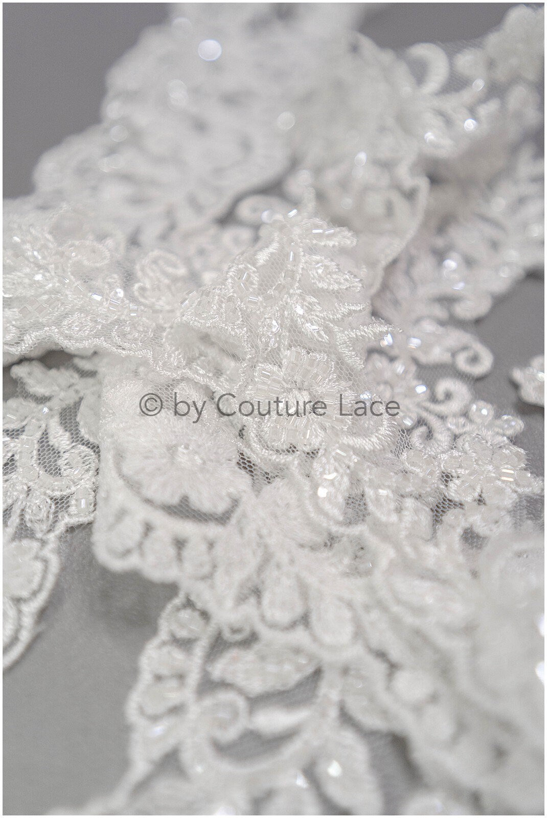 Off-white lace trim with pearls/ pearl embroidered lace trim/ glitter rhinestone trim/ bridal veil lace trim// T20-090