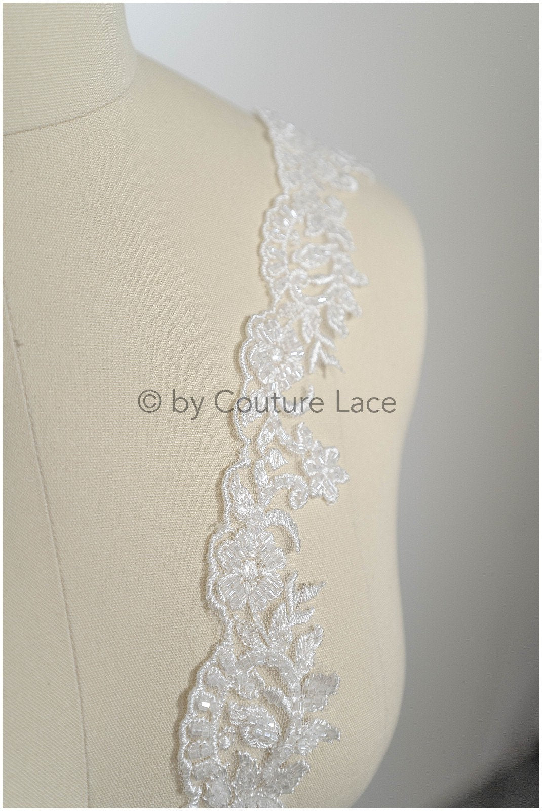 Off-white lace trim with pearls/ pearl embroidered lace trim/ glitter rhinestone trim/ bridal veil lace trim// T20-090