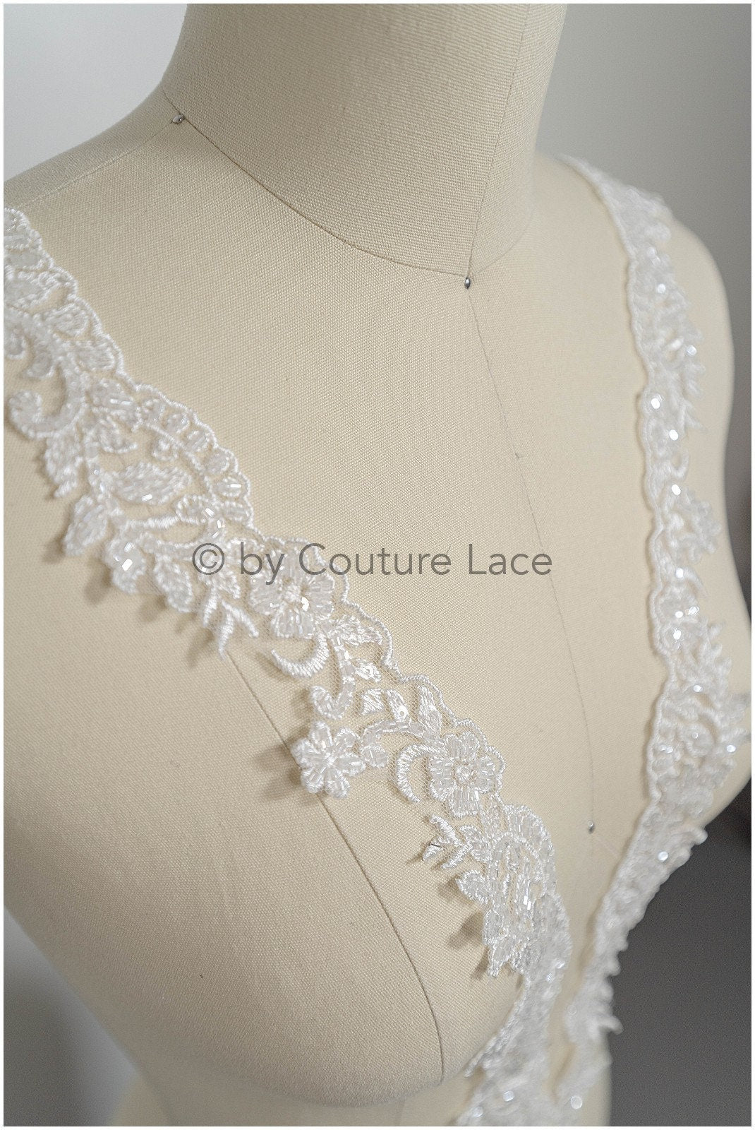 Off-white lace trim with pearls/ pearl embroidered lace trim/ glitter rhinestone trim/ bridal veil lace trim// T20-090