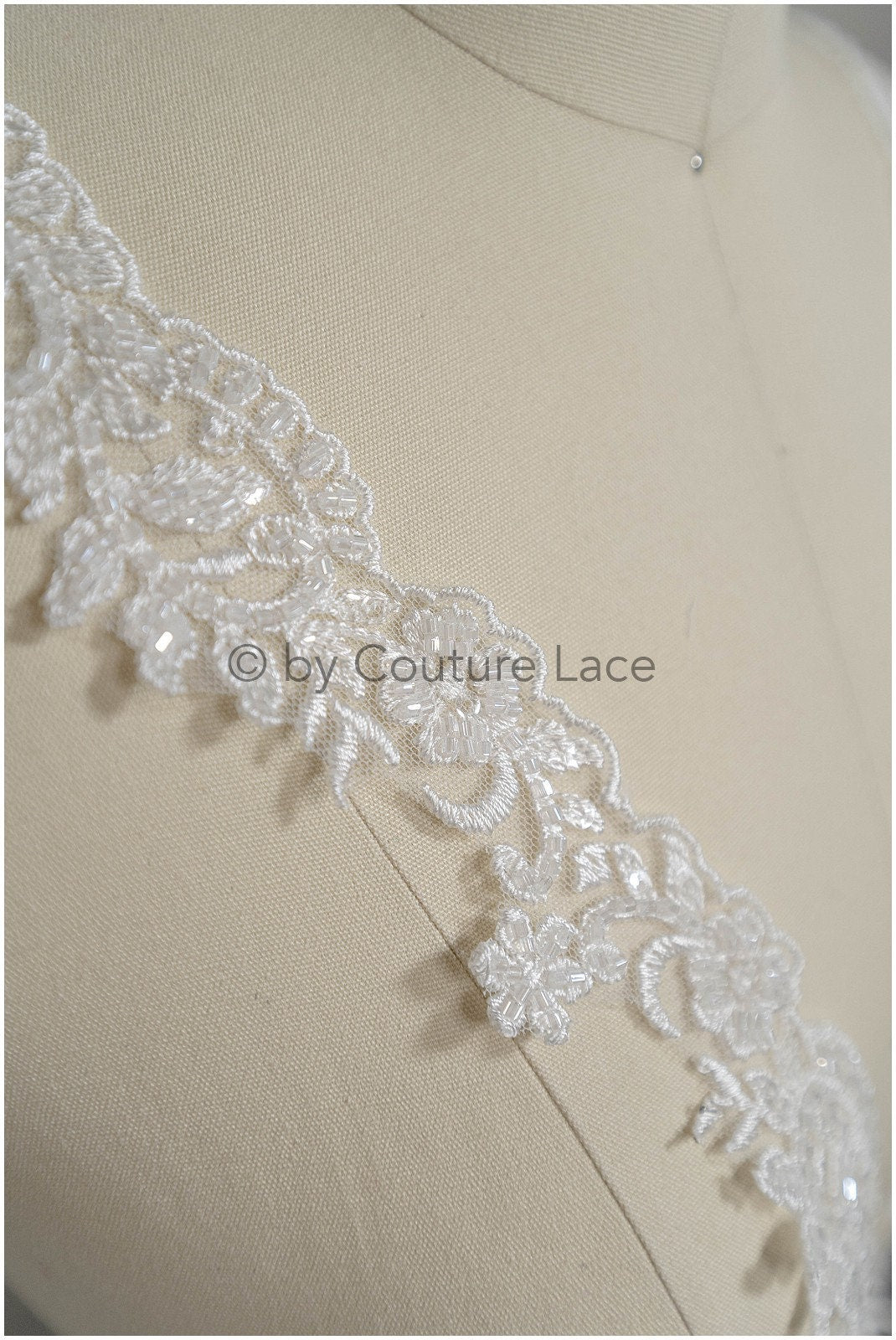 Off-white lace trim with pearls/ pearl embroidered lace trim/ glitter rhinestone trim/ bridal veil lace trim// T20-090