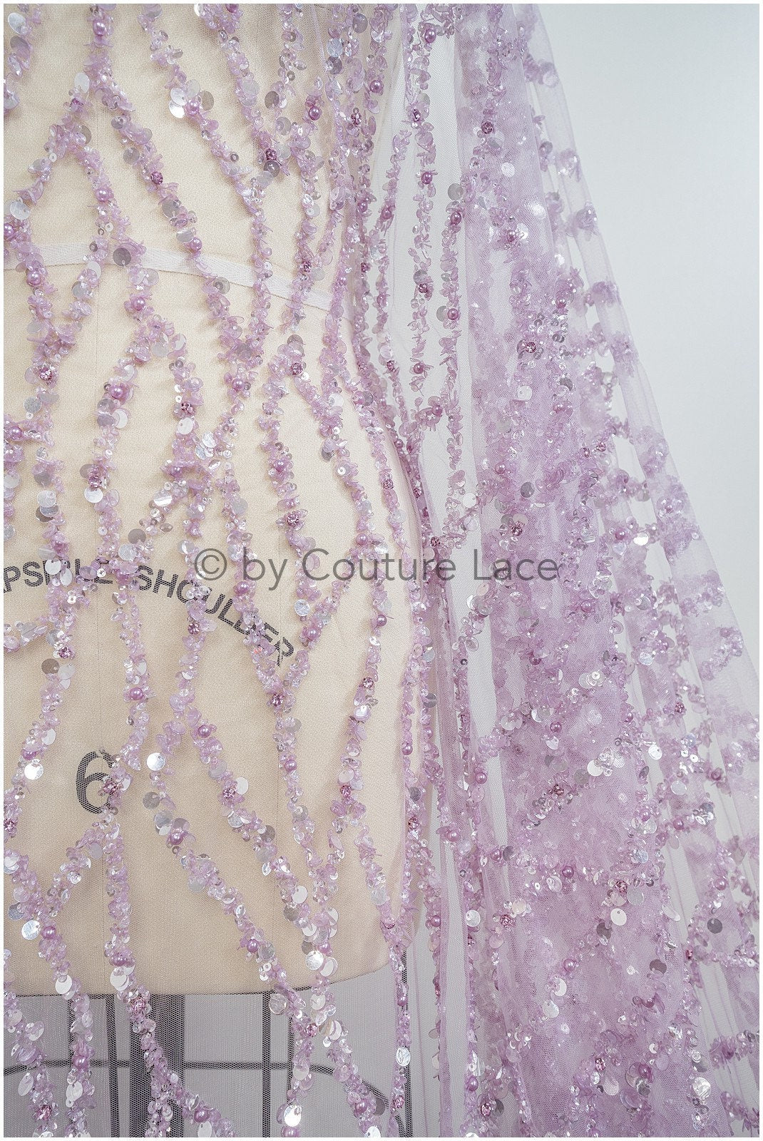 Perlen Spitzenstoff Violett Lilla/ Couture Spitze Stoff mit Perlen/ abstrakte Spitze für Abendkleid/ geometrische Spitze für Abendkleid// L20-287LC