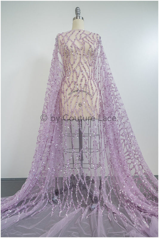 Perlen Spitzenstoff Violett Lilla/ Couture Spitze Stoff mit Perlen/ abstrakte Spitze für Abendkleid/ geometrische Spitze für Abendkleid// L20-287LC