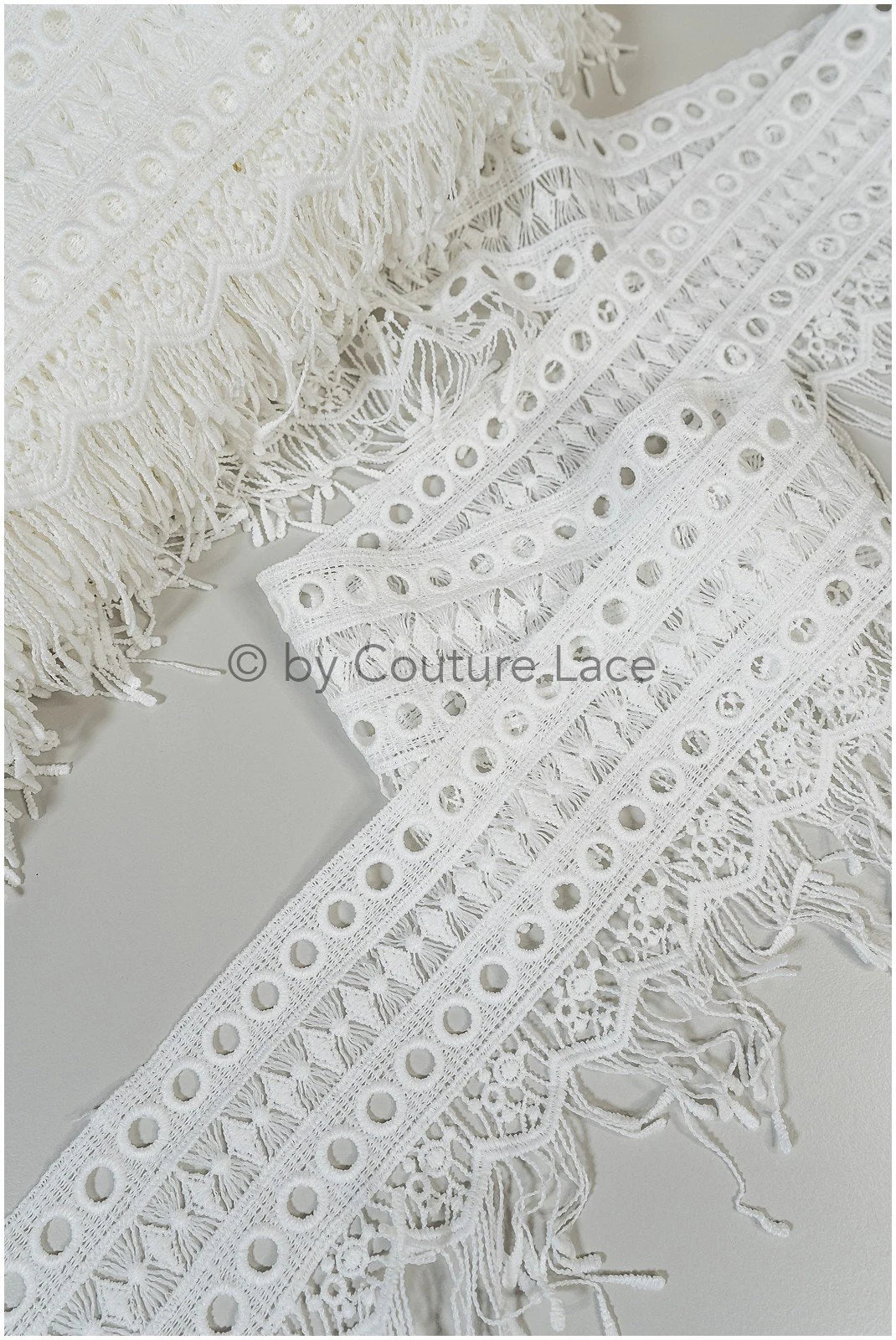 Fringed lace trim with boho pattern/ Off-white boho lace trim/ Guipure lace trim// T20-103