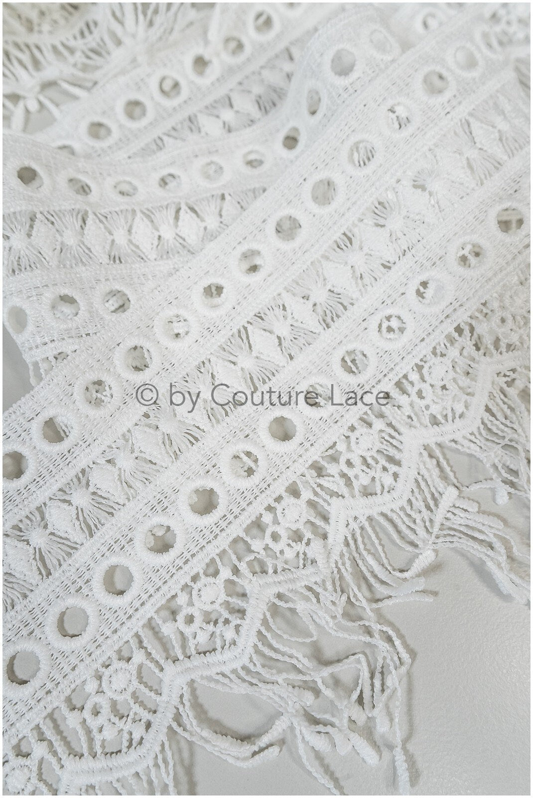 Fringed lace trim with boho pattern/ Off-white boho lace trim/ Guipure lace trim// T20-103