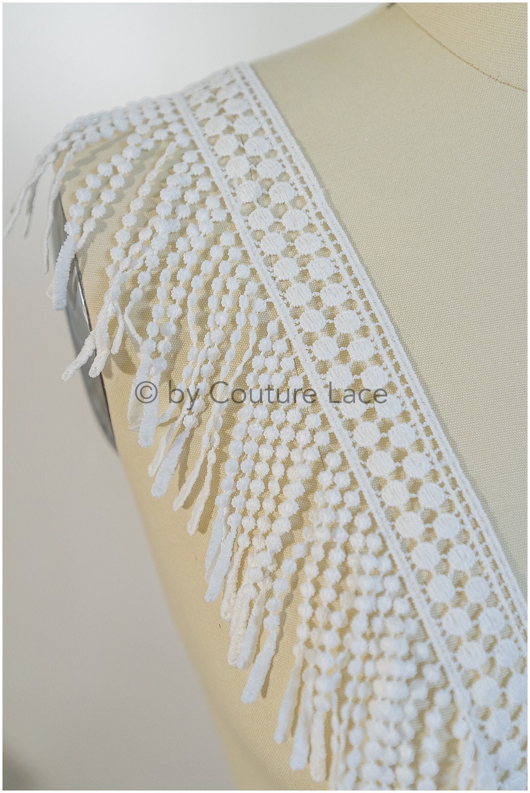 Boho fringe lace trim off-white/ Bridal boho lace/ Guipure lace trim// T20-106