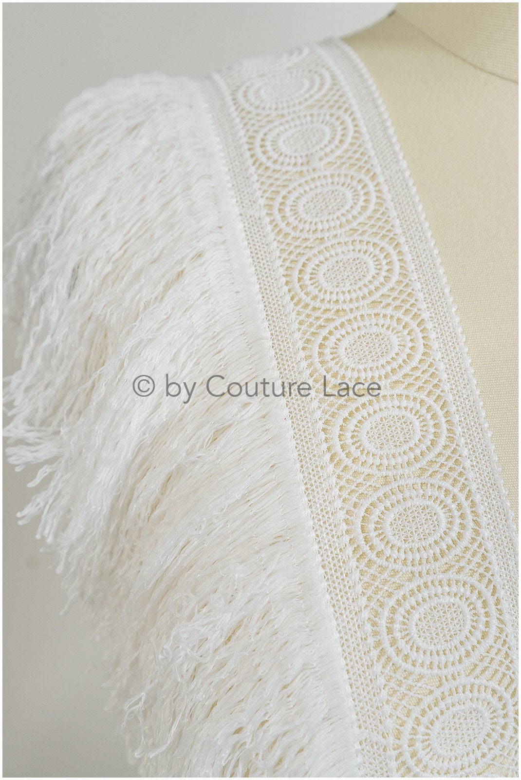 Fringed lace trim off-white/ Boho bridal lace trim/ crocheted fringe lace trim// T20-113