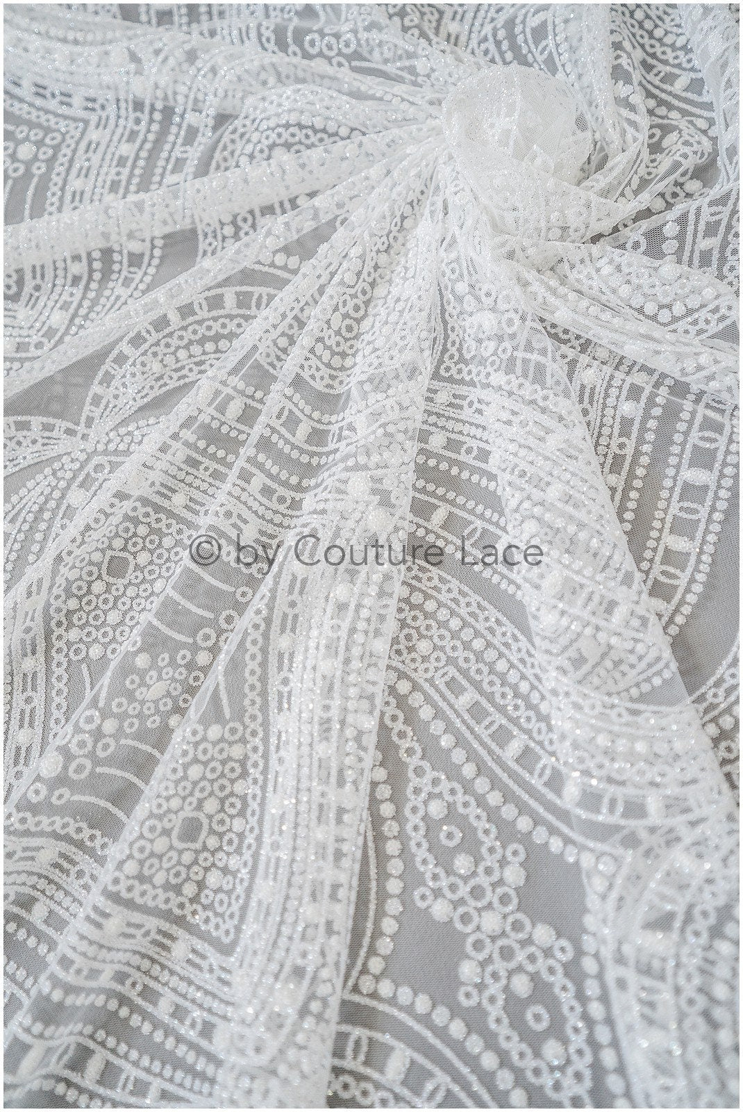 Glitter net with oriental pattern/ Off-white silver shiny glitter tulle fabric/ Glitter mesh// R-032