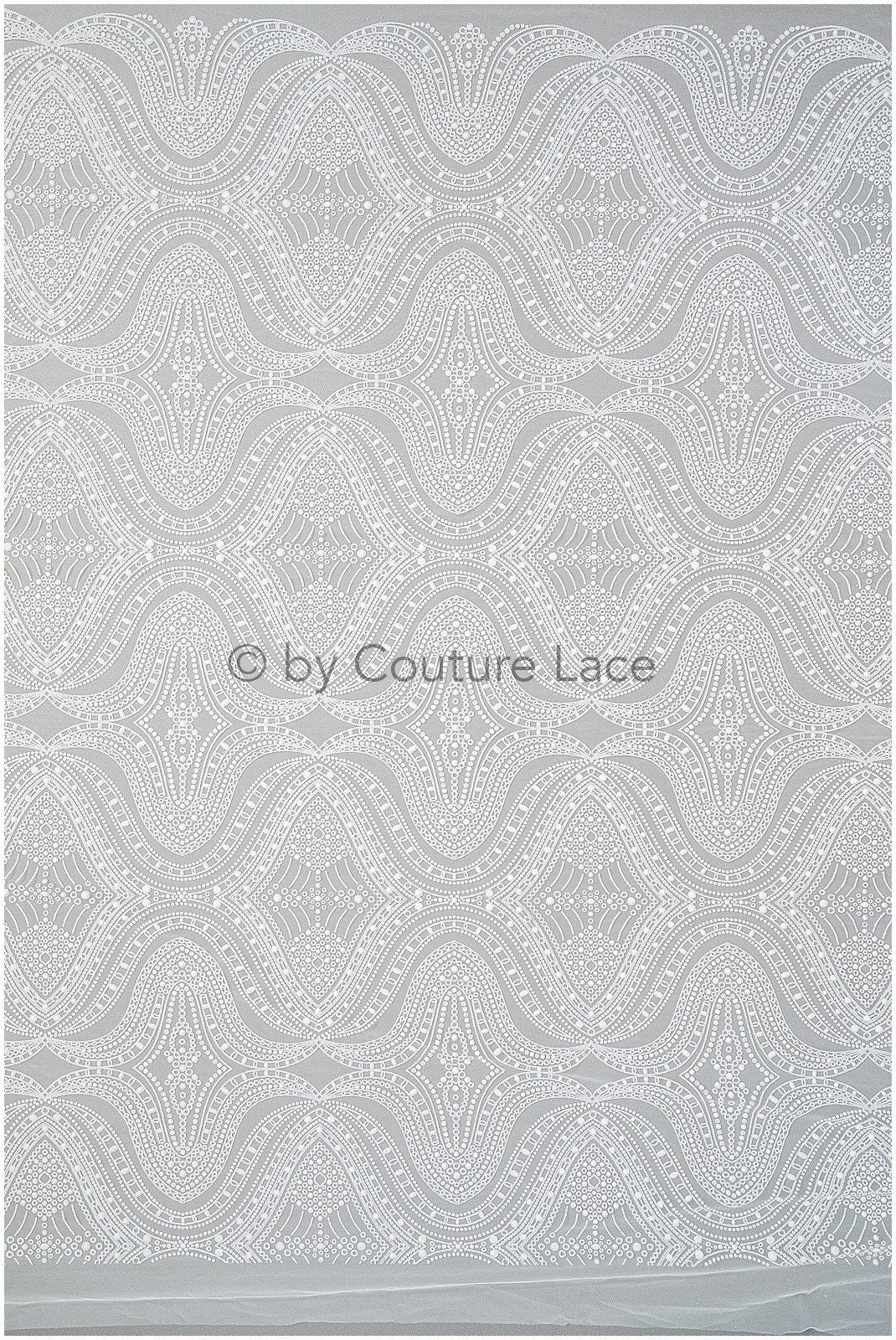 Glitter net with oriental pattern/ Off-white silver shiny glitter tulle fabric/ Glitter mesh// R-032